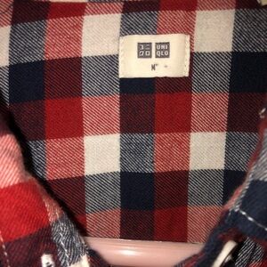 Size M soft flannel red white and blue plaid long sleeve shirt, EUC